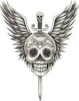Fancy wings angel skull tattoo. Hand drawing and make graphic vector. vector