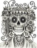 Fancy hippie skull day of the dead.Hand drawing and make graphic vector. vector