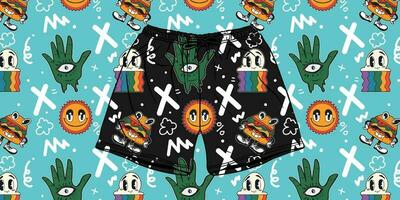 Retro Summer Vibes Beach Pants Mockup with 90s-Inspired Flat Vector Patterns