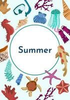 Vector postcard on the theme of Summer and vacation. The image of the inhabitants of the ocean, the animals of the underwater world and various summer items for swimming and relaxing on the beach.