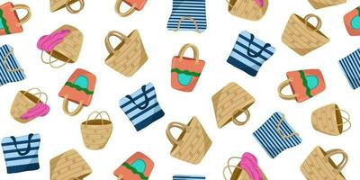 Vector pattern of beach Bags. Color image of summer Handbags made of Jute, Raffia and fabric.