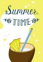 Vector postcard on the theme of Summer in cartoon style. Image of Summer Coconut Cocktail.