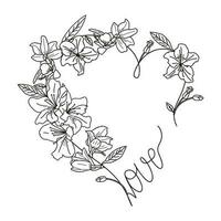 Vector Heart with doodle-style flowers. Symbol of Love in the form of a frame with flowers and leaves in the style of line art.