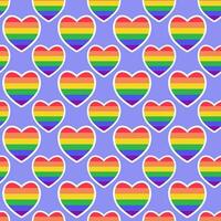 LGBTQ seamless pattern with rainbow hearts on violet background in flat vector style. LGBT pride community month