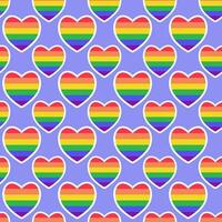 LGBTQ seamless pattern with rainbow hearts on violet background in flat vector style. LGBT pride community month