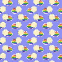 LGBTQ seamless pattern of lips and bubble gum on violet background in flat vector style. LGBT pride community month