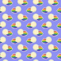 LGBTQ seamless pattern of lips and bubble gum on violet background in flat vector style. LGBT pride community month