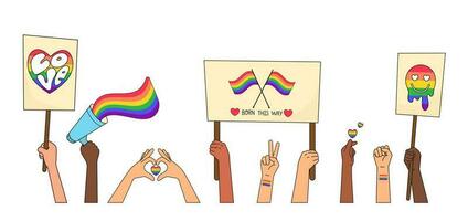 Hands of people LGBTQ community with symbols on posters and a loudspeaker with rainbow. Flat vector illustration. Pride month.