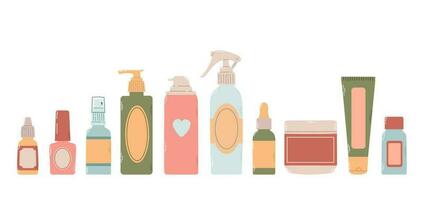 conjunto de diferente botellas, frascos, aerosoles para diseño cosmético productos en vistoso plano vector ilustración. cosmetología, dermatología, podologia