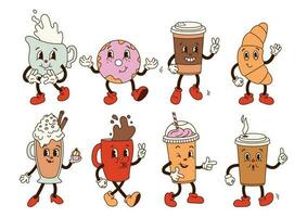 Set groovy retro cartoon coffee characters. Red mug, coffee to go, cappuccino, latte, donut, croissant, milk with eyes and gloved hands. Isolated flat illustration in style 60s 70s vector