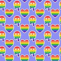 LGBTQ seamless pattern with rainbow liquid smile and heart on violet background in flat vector style. LGBT pride community month