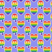 LGBTQ seamless pattern with rainbow liquid smile and heart on violet background in flat vector style. LGBT pride community month