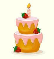 Birthday cake with candle and strawberries vector isolated illustration. Two layers cake with pink icing.