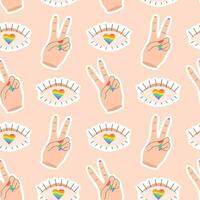 Seamless pattern with LGBTQ community symbols. Pride month. Retro groovy style vector