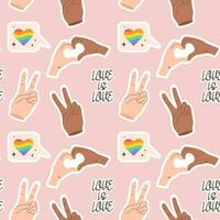 Seamless pattern with LGBTQ community symbols and phrases. Pride month. Retro groovy style vector