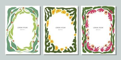 Set of floral templates with decorative simple flowers, leaves and berries. Botanical covers, posters, banners vector