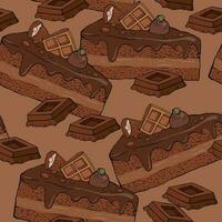 Pattern with pieces of chocolate cake with waffles and chocolates decoration vector