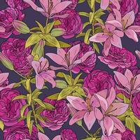 Vintage pattern with purple tea roses and pink lilies vector