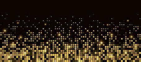 Abstract luxury banner with golden glittering dots on black background. Sparkling glitter bottom border, vector frame. Halftone effect. Magical gold dust. Pop art style backdrop