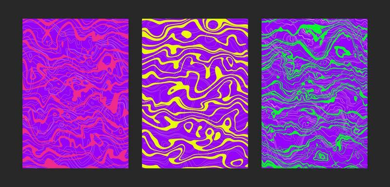 Psychedelic wavy posters set. Trippy groovy abstract backgrounds on bright neon colors. Fluid marble stone texture. Cool funky patterns. Modern vertical design. Vector illustration