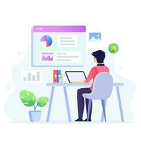 Data analysis design concept. Analysts working. people and laptop screen with data analysis graphs ansd charts. Trendy flat style Vector illustration.