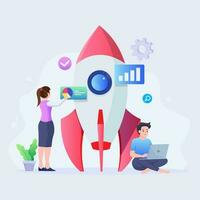 Business startup launch concept, Startup business design concept with rocket, laptop. Flat vector illustration. Landing page template for web.
