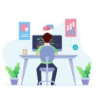 Data analysis design concept. Analysts working. people and laptop screen with data analysis graphs ansd charts. Trendy flat style Vector illustration.