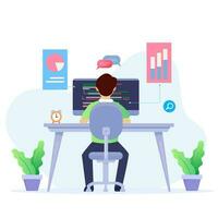 Data analysis design concept. Analysts working. people and laptop screen with data analysis graphs ansd charts. Trendy flat style Vector illustration.