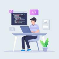 programador trabajando en computadora. codificadores o programadores escritura programa. aterrizaje página para web eso cursos con html y php. vector