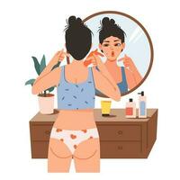 A young woman squeezes out a pimple at the mirror. Girl with acne. Self-care at home. Skin care concept. Flat cartoon vector illustration.