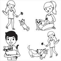 Children with cat and dog vector lineart illustration.