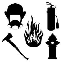 Rescue firefighters equipment SET. Silhouette of gear in Black color. Vector illustration on a white background.