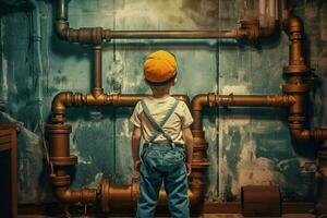 Plumber child pipes basement. Generate Ai photo