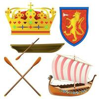 Vikings realisitc style SET. Crown, Axe, Ship, Lion boat. Colorful vector illustration isolated on white background.