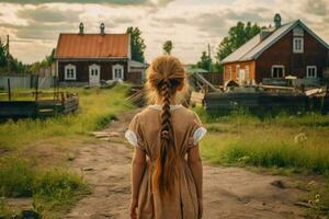 Russian red hair girl old village. Generate Ai photo