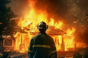 Firefighter man saving burning house. Generate Ai photo