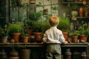 Botanist scientist child pots. Generate Ai photo