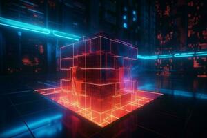 Abstract neon cube. Generate Ai photo