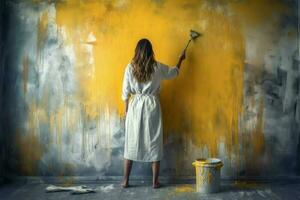 Painter woman unpaint wall. Generate Ai photo