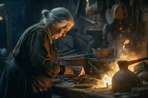 Blacksmith old woman work forge. Generate Ai photo