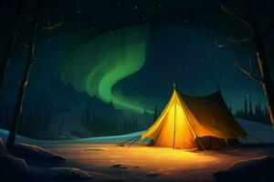 Illuminated tent aurora night. Generate Ai photo