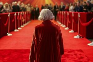 Journalist old woman red carpet. Generate Ai photo