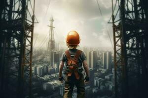 Industrial climber child skyscraper. Generate Ai photo