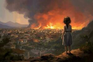 Ancient greek volcano eruption child girl. Generate Ai photo