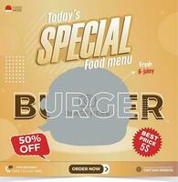 Food social media banner design template. Burger social media post vector illustration. Square size.