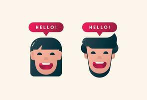 Men and Woman Face Flat Character Hello Design Vector