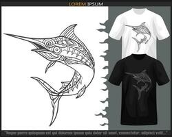 Marlin fish mandala arts isolated on black and white t shirt. vector