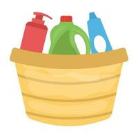 Bucket filled with cleaning liquid bottles denoting icon for cleaners vector