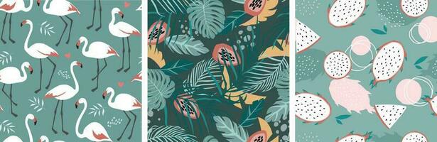 Set of contemporary natural seamless pattern with flamingo bird, tropical leaves and fruits. Vector graphics.