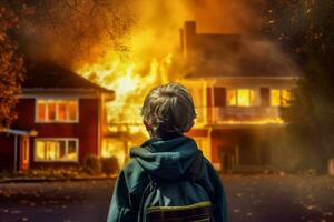 Firefighter child burning house. Generate Ai photo